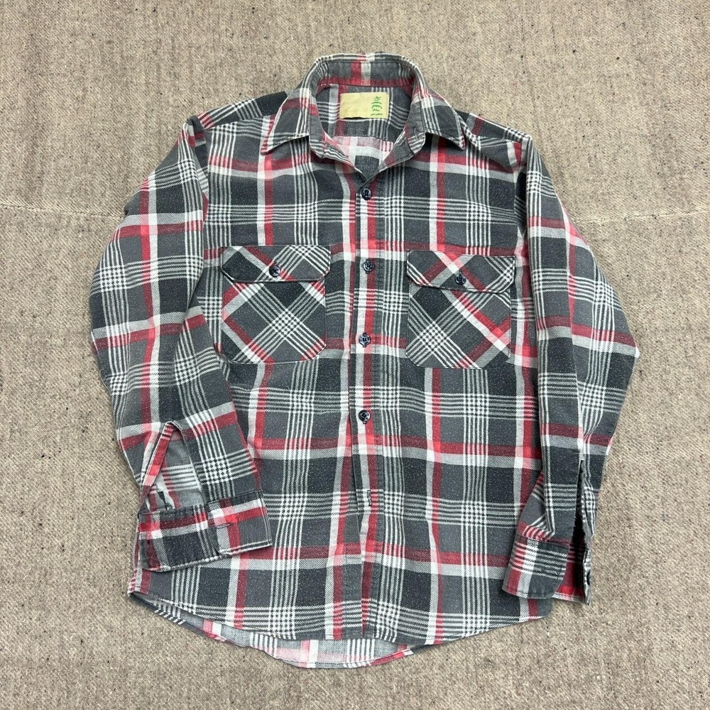 Vintage Sears Flannel Shirt Mens Small Black 1970s Plaid
